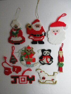 10 Handmade Needlepoint Flat Christmas Ornaments Retro 2"-5" Santa, Bears, &more